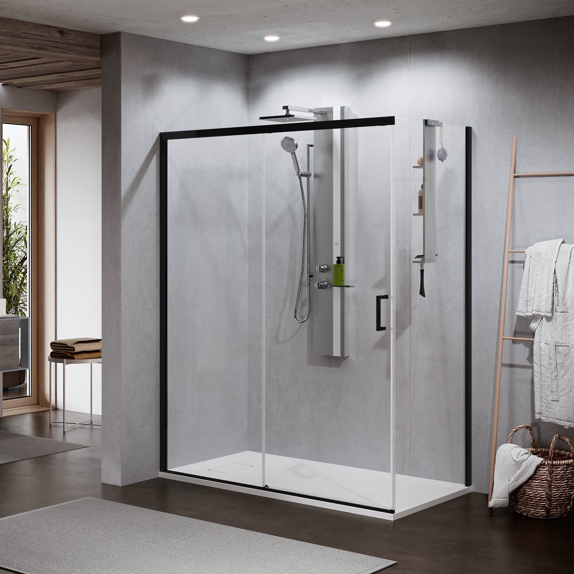 Novellini Zephyros 2.0 PH-FH Fastvegg for skyvedør 80-100cm Svart matt / 80cm / Klart glass Novellini Dusjvegg KO-621304080