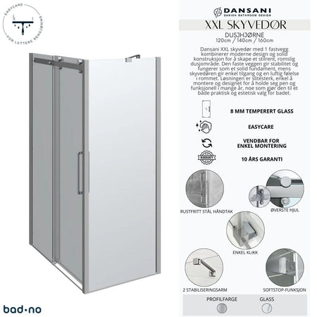 Dansani XXL Skyvedør med 1 sidepanel for dusjhjørne