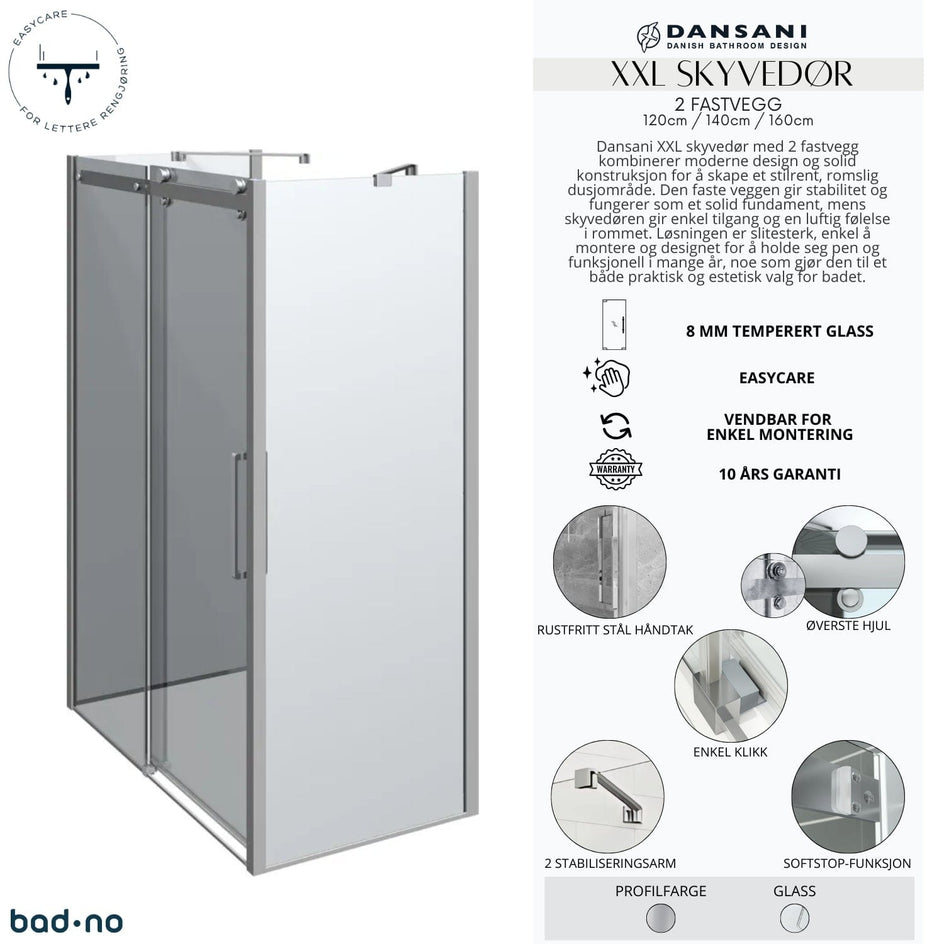 Dansani XXL Skyvedør med 2 sidepanel for rettvegg Dansani Dusjhjørne