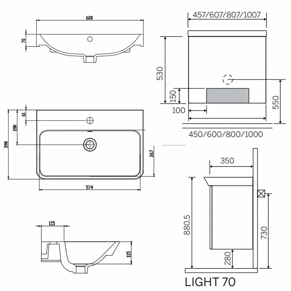 Macro Design CROWN Plain Servantskap 2 dør - med LIGHT 70 servant Hvit / 60x35cm Macro Design Møbelpakke bad BUN-FSK4535VLUL