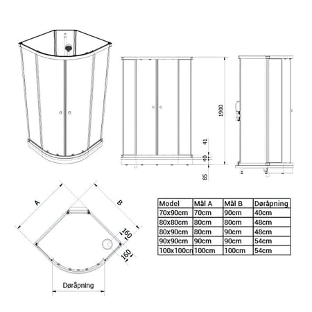 Vikingbad Sofia Standard Dusjkabinett Buet Lav H190cm