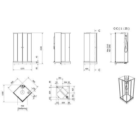 Vikingbad SOFIA Rett Pluss Dusjkabinett hvit søyle