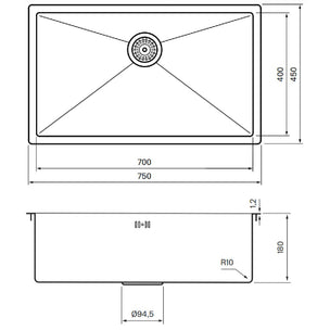 Tapwell TA8040 PVD Kjøkkenvask B75xD45cm