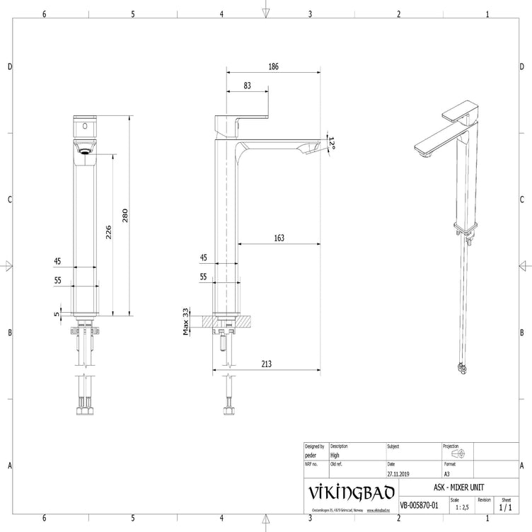 Vikingbad Ask Høy Servantbatteri H280mm